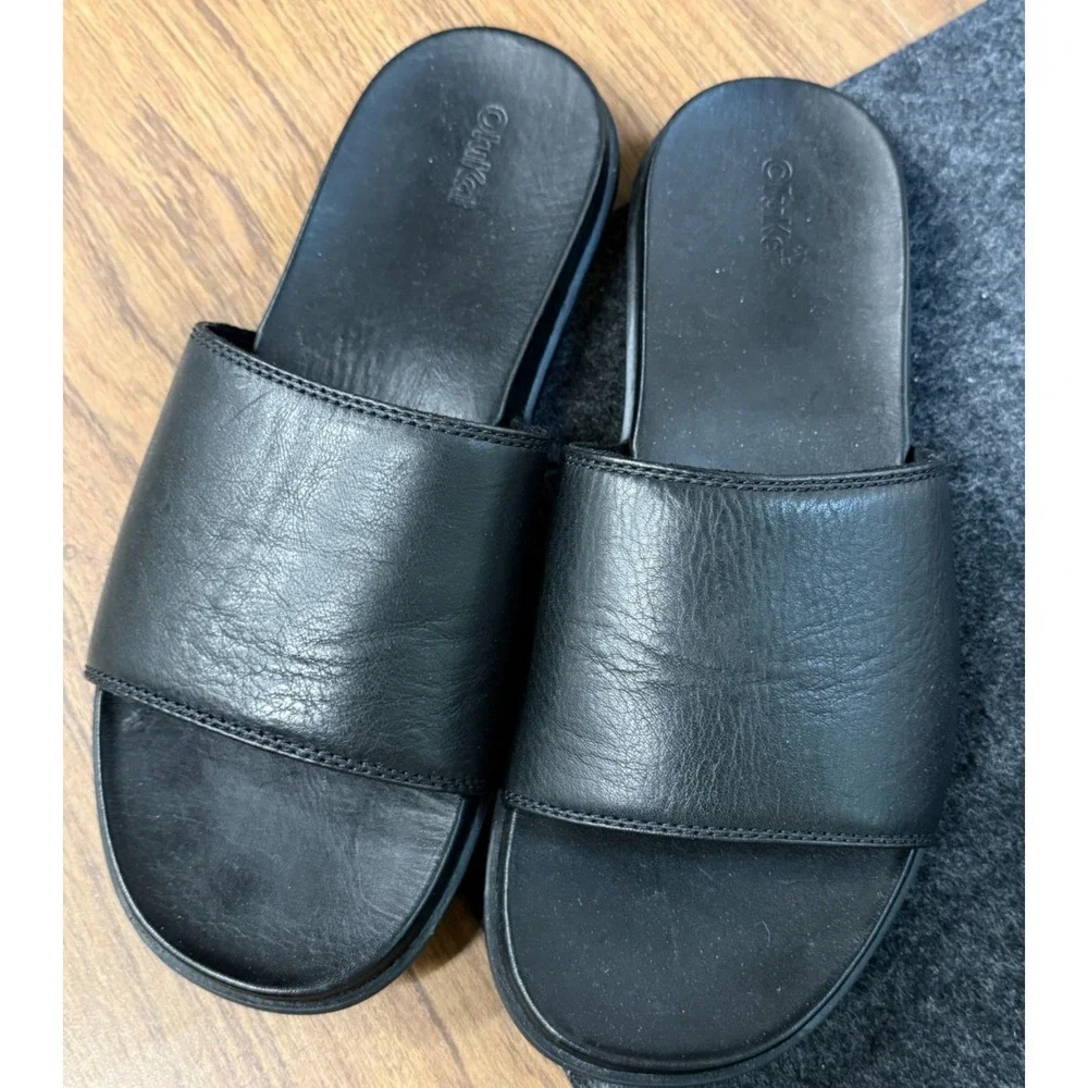 OluKai Mens Olali Slide Sandals Black Durable Leather Strap Comfort Outdoor M12